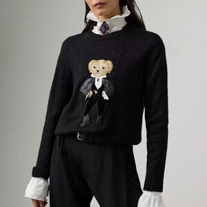 Polo Ralph Lauren Cartoon Bear Black Gold Thread Women's Wool Sweater